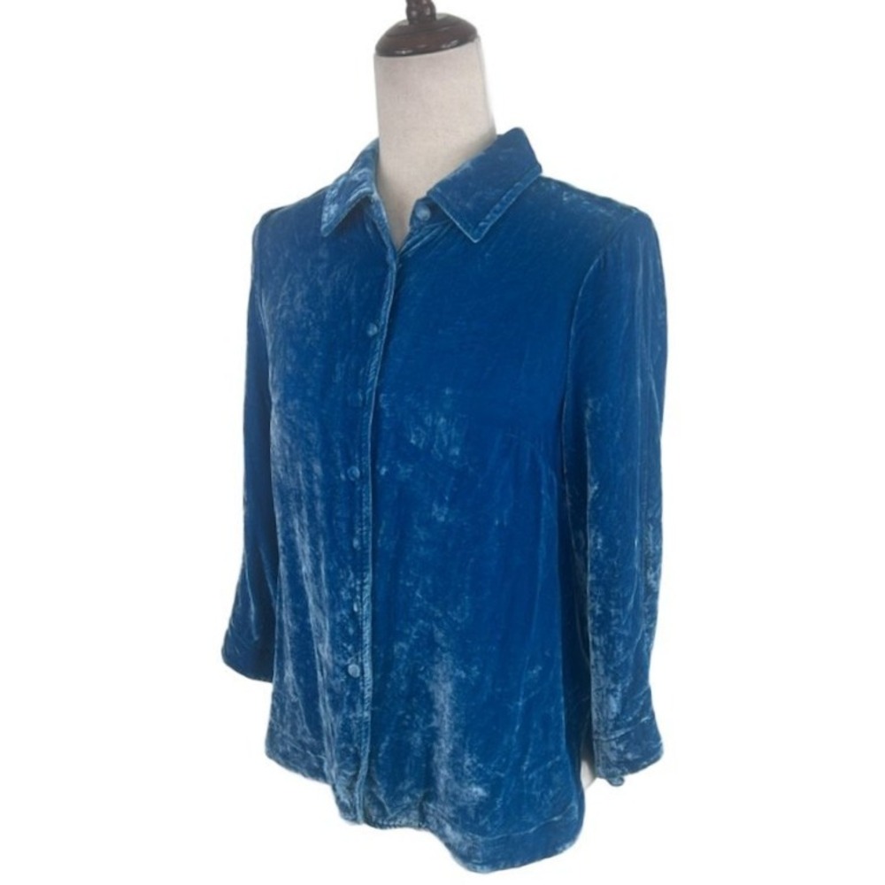 Soft Surroundings Velvet Blouse Women's Petite Size XS Blue Button‎ Long Sleeve